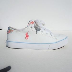 Ralph Lauren Polo - Kids white leather sneakers with baby pink floral details